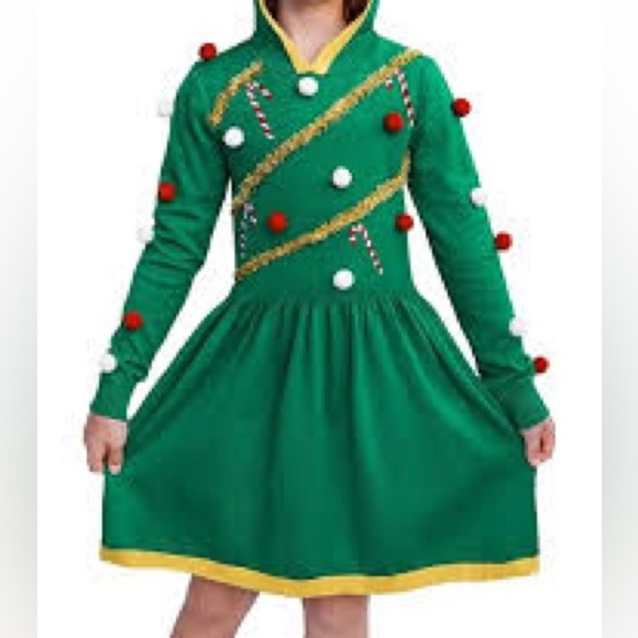 Girls Green Knit Blinged Out Tinsel Christmas Tree Hoodie Holiday Dress M 7–8 - Picture 1 of 8